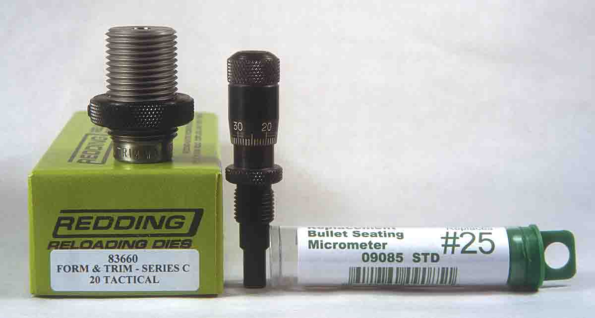 The Redding form-and-trim die is on the left, with a new micrometer adjustable seating stem for the bullet seating die. The latter came in handy for setting exact overall cartridge length for the various bullets used.